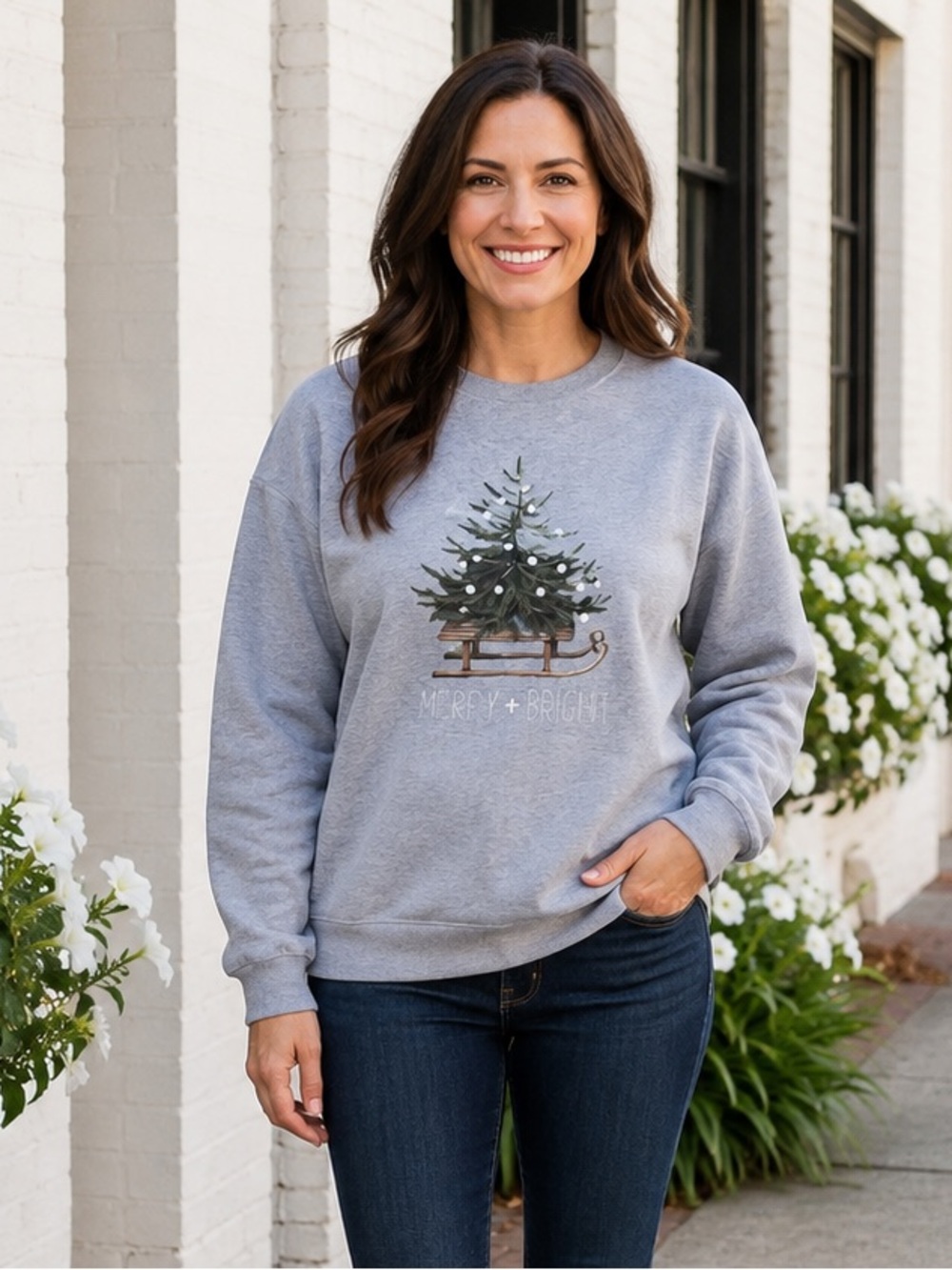 NEW Christmas Tree Snow Sled Merry + Bright Holiday Themed Gray Sweatshirt